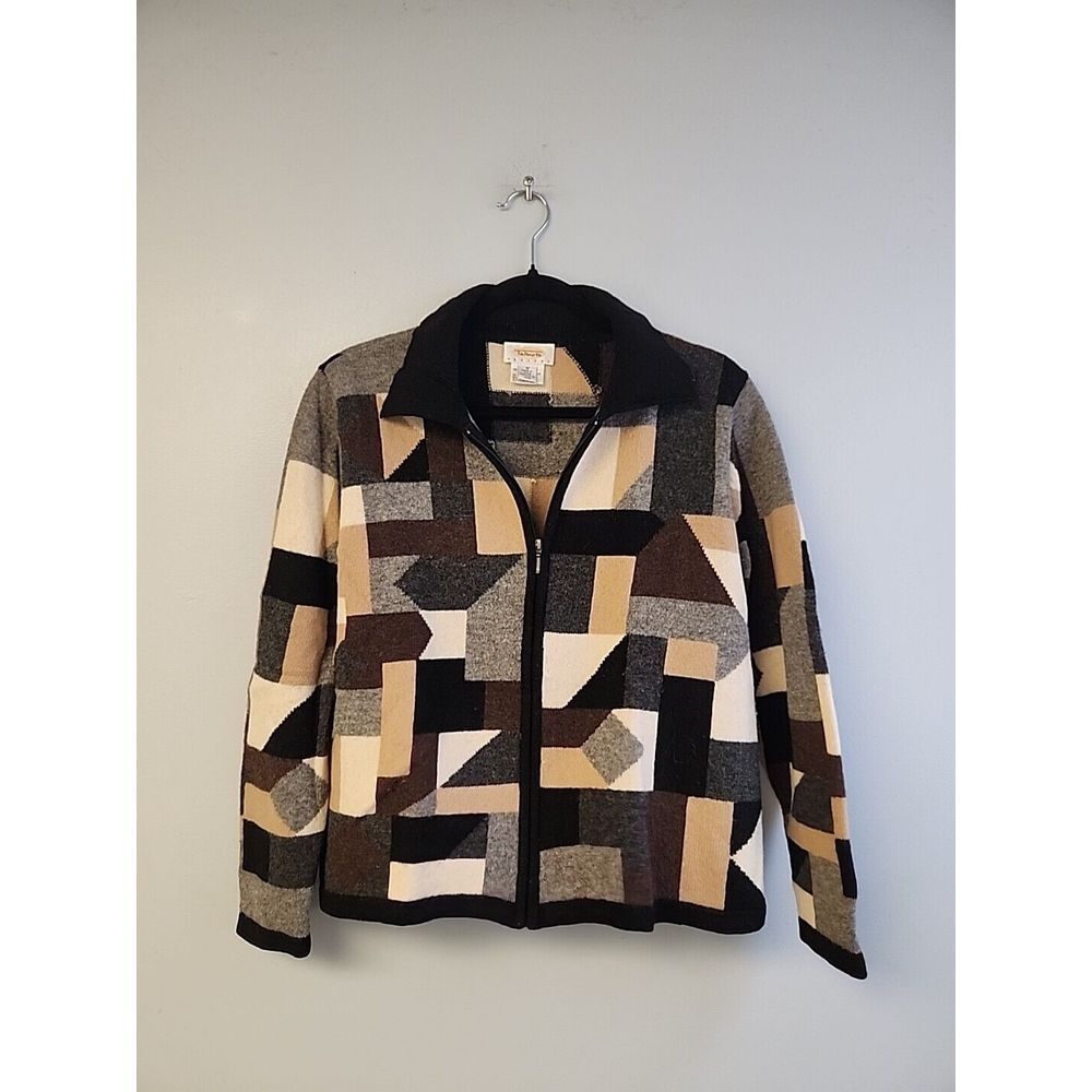 Talbots‎ 100% Lambs Wool Brown Patchwork Full Zip Cardigan Soft Warm